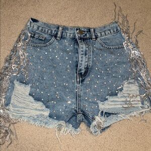 Studded Denim Shorts with Fringe